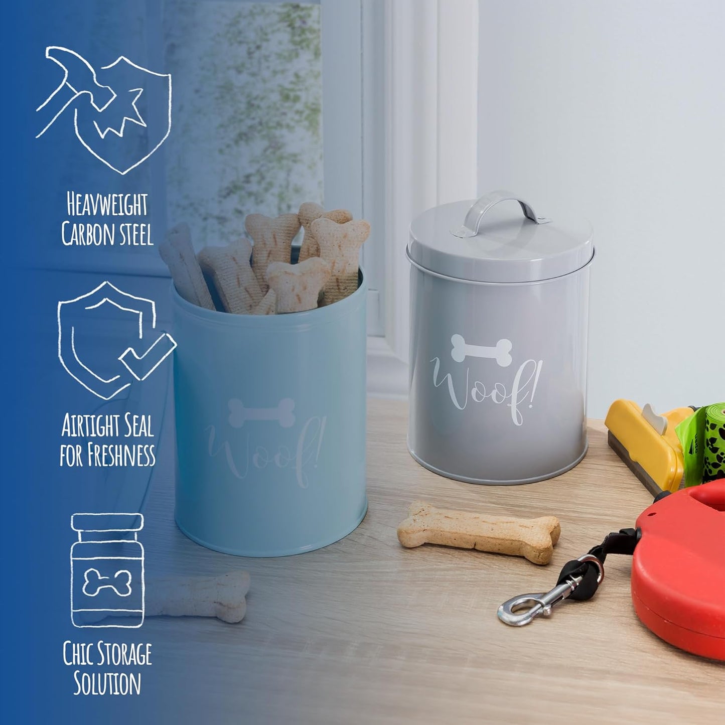 Park Life Designs - Metal Pet Treat Jar with Airtight Lid for Dogs, Cats, Puppies and More, Chic Kitchen Countertop Container for Cookies, Biscuits and Treats (Jasper, Powder Blue, 1.4 Qt)