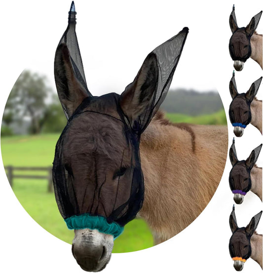 Donkey Fly Mask with Long Ears (Aqua) Made in USA - Mule Fly Mask with Ears Protection from Insects and Bugs, Small Donkey Soft Mesh Fabric with Adjustable Fastener, Face Cover Supplies for Donkeys
