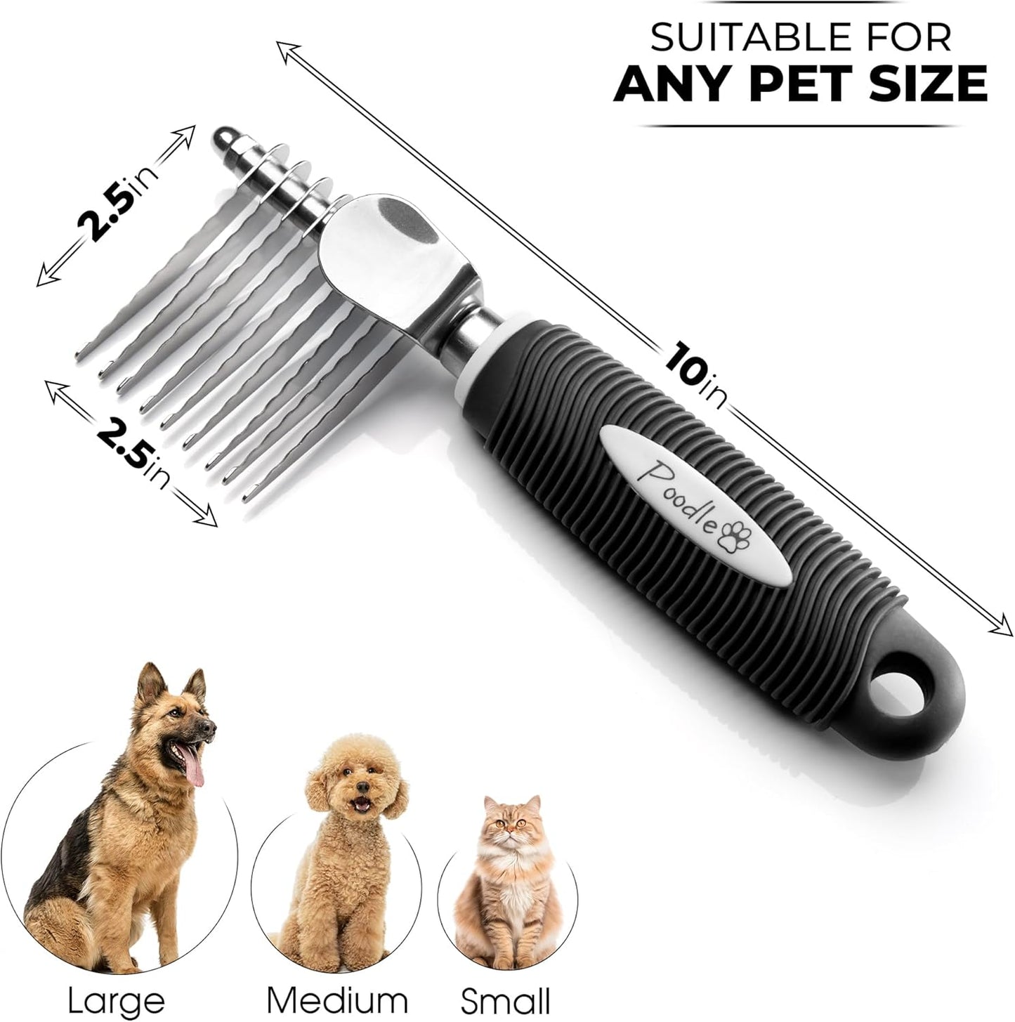 Poodle Dematting Fur Rake Comb Brush for Dogs and Cats - Long 2.5" Steel Safety Blades Metal Comb for Detangling Matted or Knotted Undercoat Hair