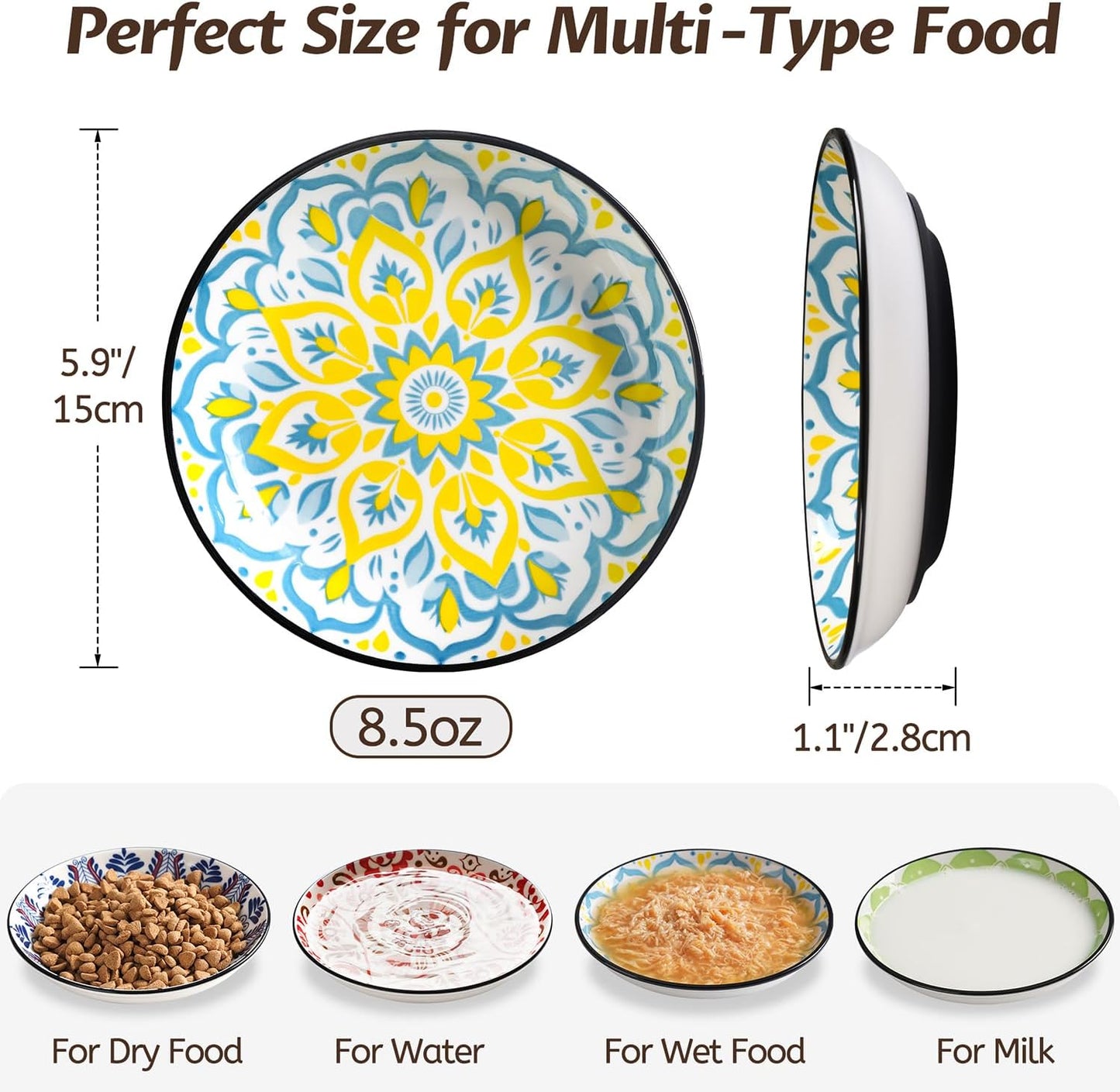 Non-Slip Cat Bowl,Ceramic Cat Food Bowls with Silicone Bottom, Anti-Whisker Fatigue Cats Dishes Set, Shallow & Wide Kitten Plates for Food and Water, 4 Pack