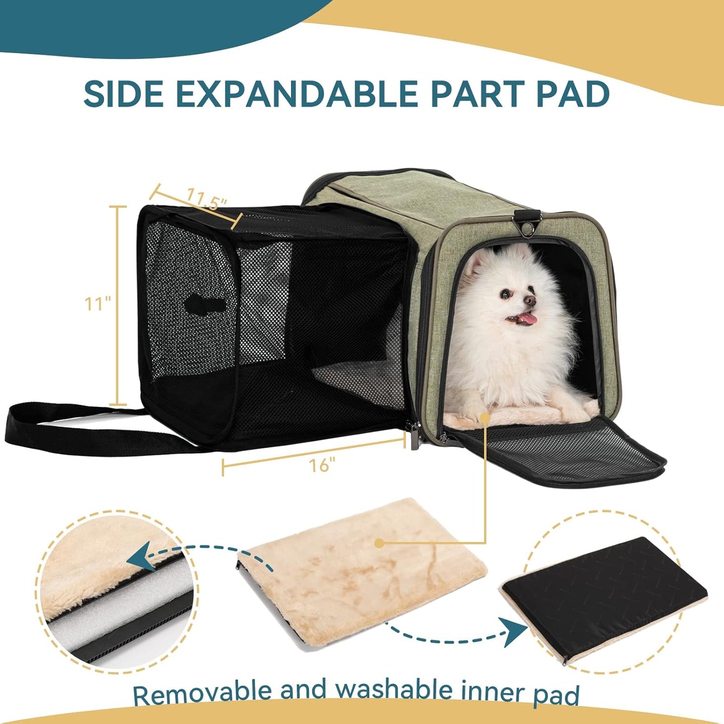 Petsfit Top Load Expandable Dog Carrier for Small Dog, Medium Cat, Or 2 Small Cats with Comfy Pad, Escape Proof, Easy Storage, Washable, Fit for Vet Visit and Outdoor, 19"X12" X12", Green