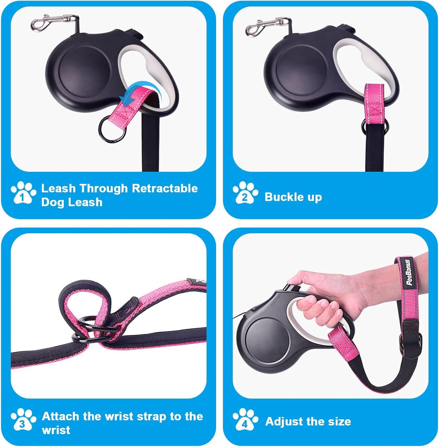 PetBonus Short Dog Leash, Safety Wrist Strap for Retractable Dog Leash, Reflective Design and Adjustable Soft Padded Handle, Extra Layer Security for Pet Stroller (Pink) 1 Pack