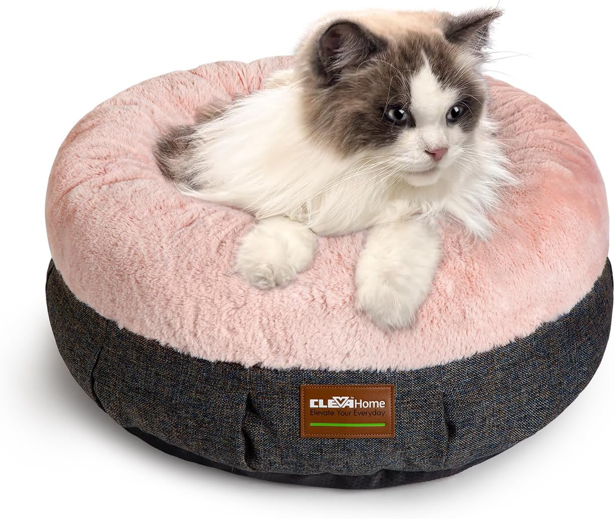 ClevaHome Cozy Cat Bed - Ultra-Soft Plush Pet Bed with Raised Sides and Anti-Slip Base, Comfortable Round Bed for Small Pets up to 11 lbs