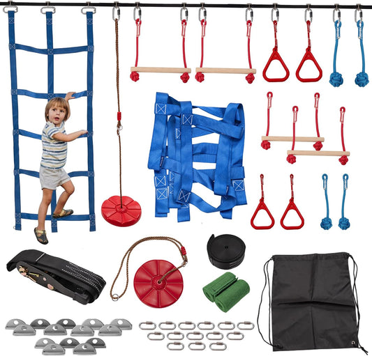 Slsy Ninja Warrior Obstacle Course for Kids, 50FT Durable Ninja Slackline Kit with 8 Complete Accessories, Playset Equipment with Swing, Climbing Net, Ladder & Monkey Bars (8 Obstacles)