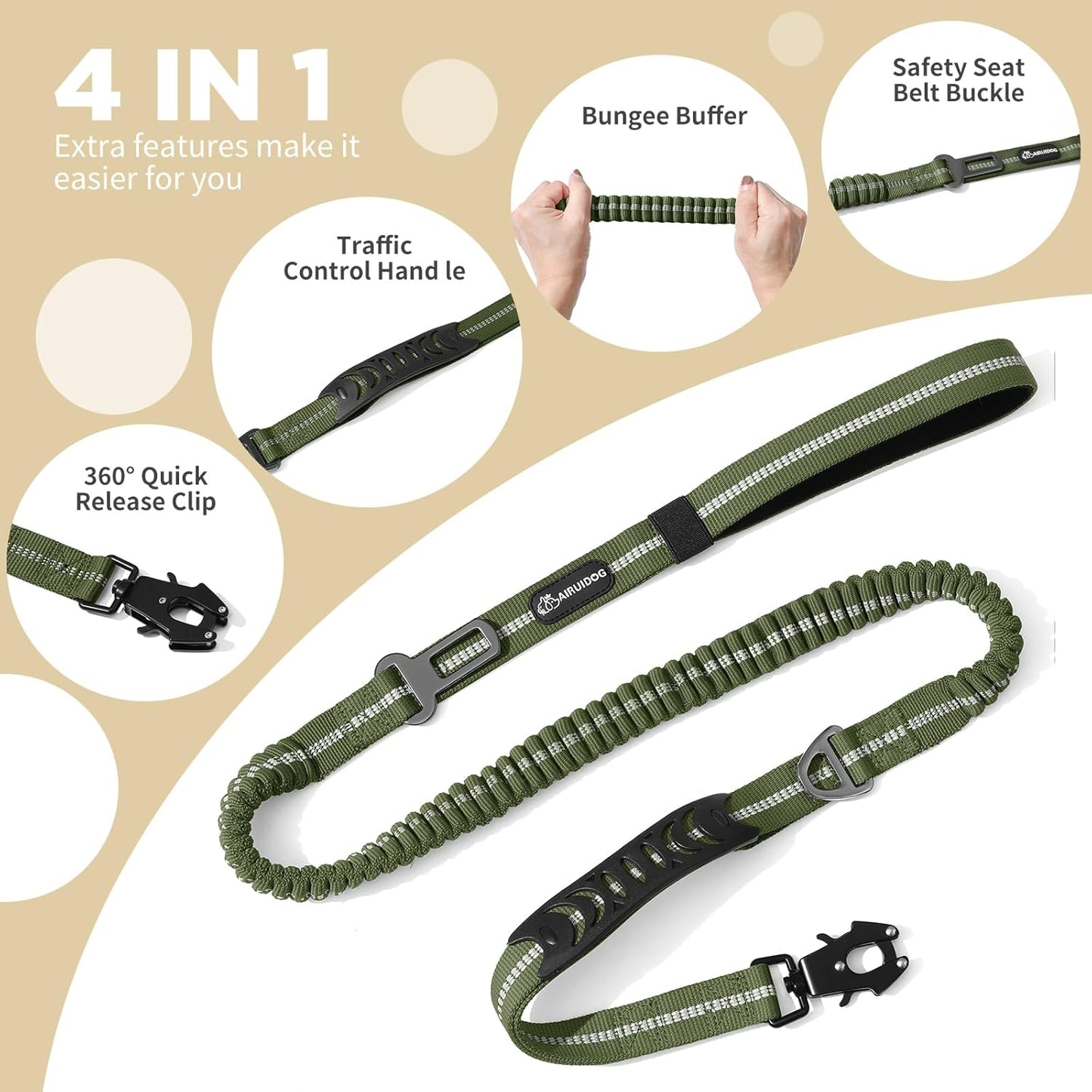 Heavy Duty Tactical Bungee Dog Leash, 4-6FT Shock Absorbing Tactical Dog Leash with 2 Padded Handles, Metal Carabiner Clip, Car Seatbelt, Reflective for Medium Large Dogs (ArmyGreen)