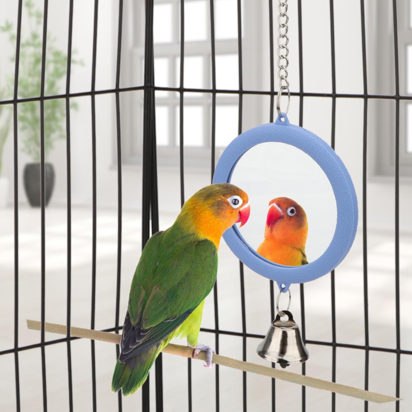 Hypeety Pet Bird Mirror with Bell Interactive Parrot Toy Bird Cage Mirror for Cockatiel Parakeets Canaries Budgie (Blue)