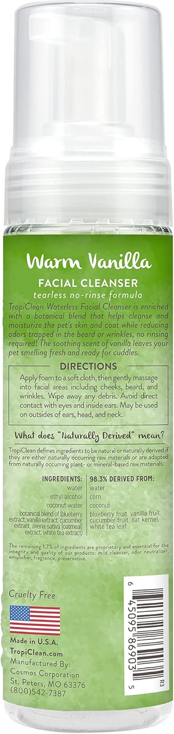TropiClean Warm Vanilla Waterless Facial Cleanser for Dogs | Dog Foam Face Wash | Dog Face Wash Derived from Natural Ingredients | Cat Friendly | Made in the USA | 7.4 oz.