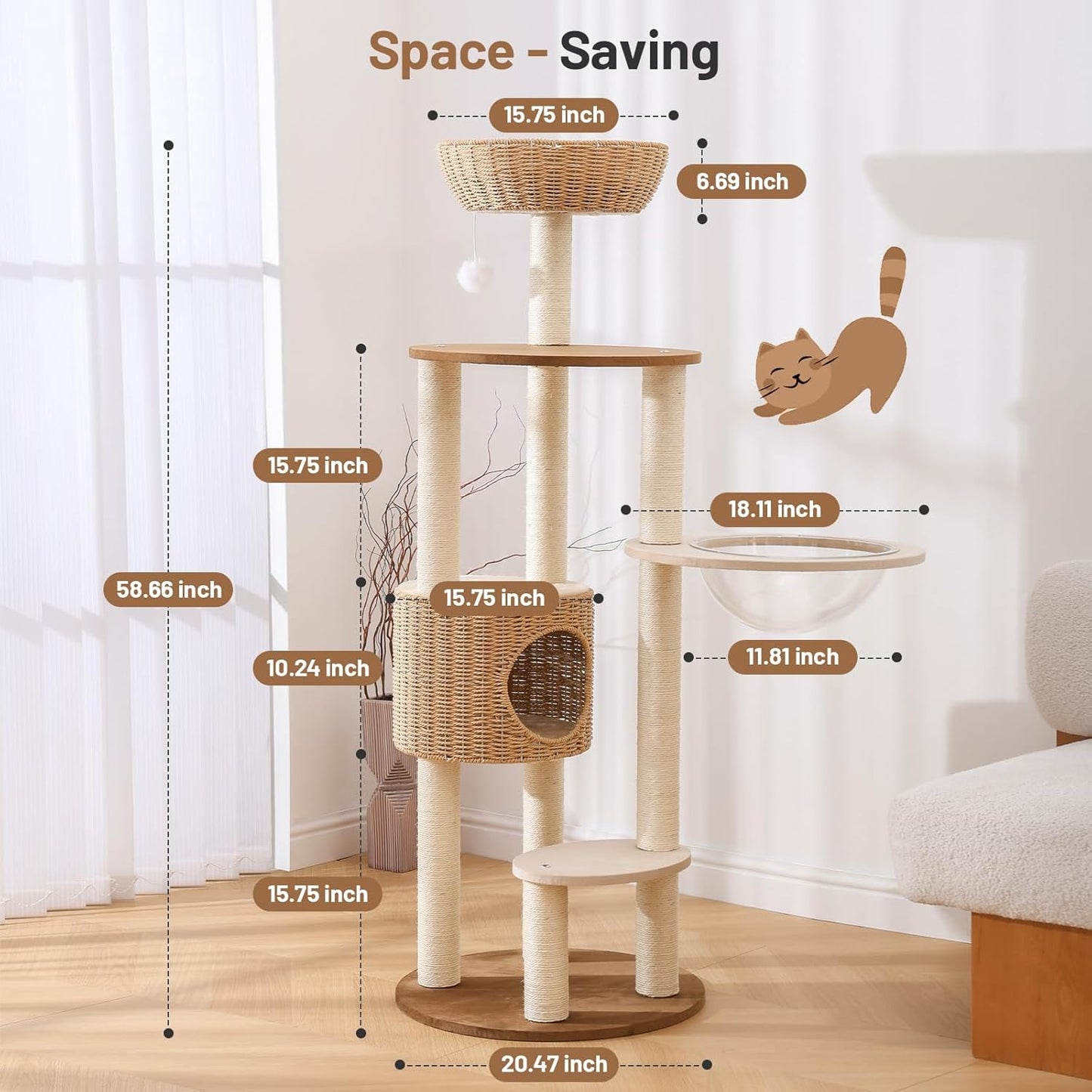 Heavy Duty Cat Tree with Scratching Post,Capsule,Basket,and Bed Modern Tall Cat Condo for Indoor Large