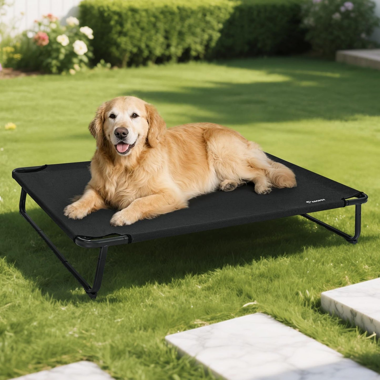 Cooling Elevated Dog Bed, Raised Outdoor Dog Bed Waterproof Pet Beds Cots Stable and Easy Assembly, Teslin Fabric with 1.2mm Thick Iron Frame, Breathable, Ultra-Sturdy，Black, 42 * 28 * 7.9