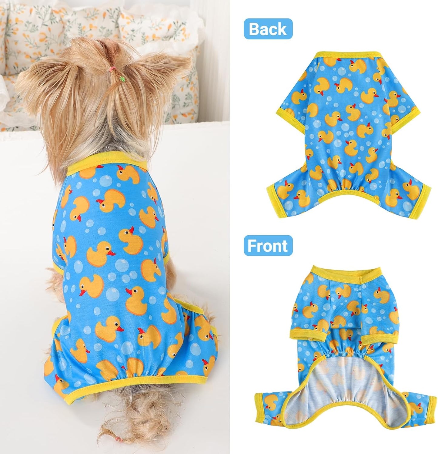 Dog Pajamas Small Sized Dogs Stretchable Summer Dog Clothes Pjs 4 Legs Girl Boy Cute Soft Puppy Outfits Doggie Cat Jammies Jumpsuit Sleeper for Pet, Blue Duck, S