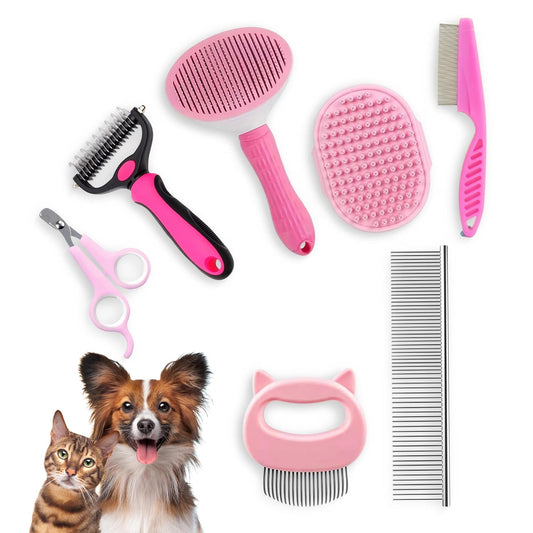 7-in-1 Pet Grooming Kit for Dogs & Cats Deshedding Brush, Bath Brush, Flea Comb, Nail Clipper & Massage Glove Complete Grooming Set for Small & Large Pets