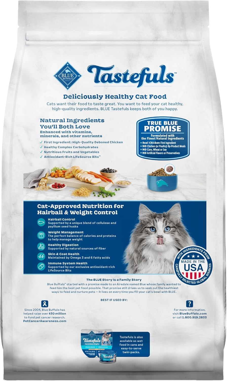 Blue Buffalo Tastefuls Weight & Hairball Control Natural Dry Food for Adult Cats, 3-lb. Bag