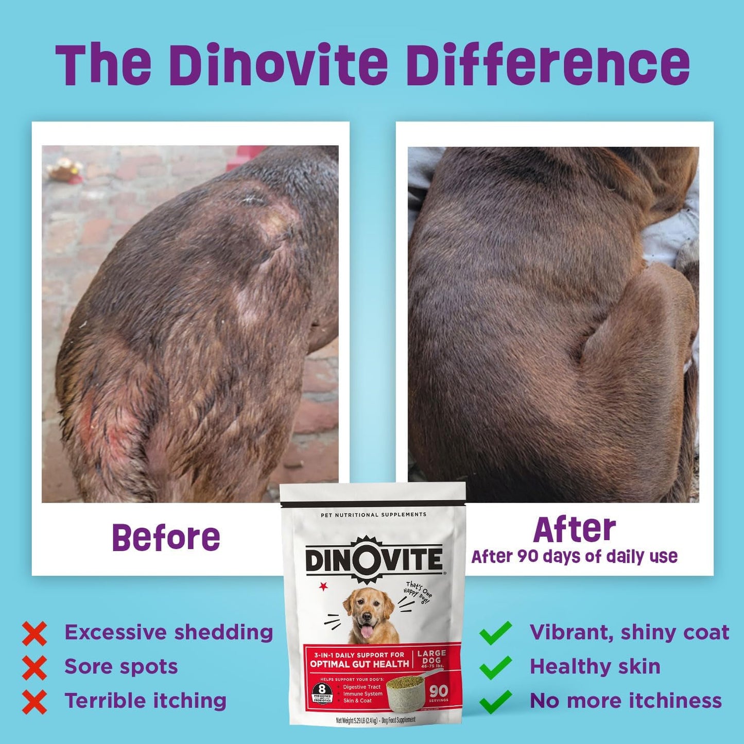 Dinovite 3 in 1 Probiotic for Medium Dogs, Skin & Coat, Digestive Health & Joint Relief, Dog Food Toppers, Immune Support, Allergy Relief & Itch Relief Skin Care, 90 Servings (18-45lb)