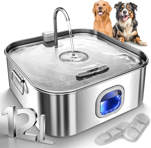 Dog Water Fountain Stainless Steel, 410oz/3.2Gal/12L Large Pet Water Fountain for Large Dog, Dog Water Bowl Dispenser with Water Level Window & LED Indicator, Super Quiet, with 2pcs Filters