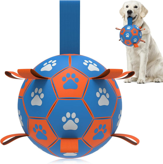 QDAN Dog Ropes Toys Soccer Ball with Straps, Puppy Birthday Gifts, Tug Toy, Durable Dog Balls for Medium & Large Dogs- Blue Orange(8 Inch)