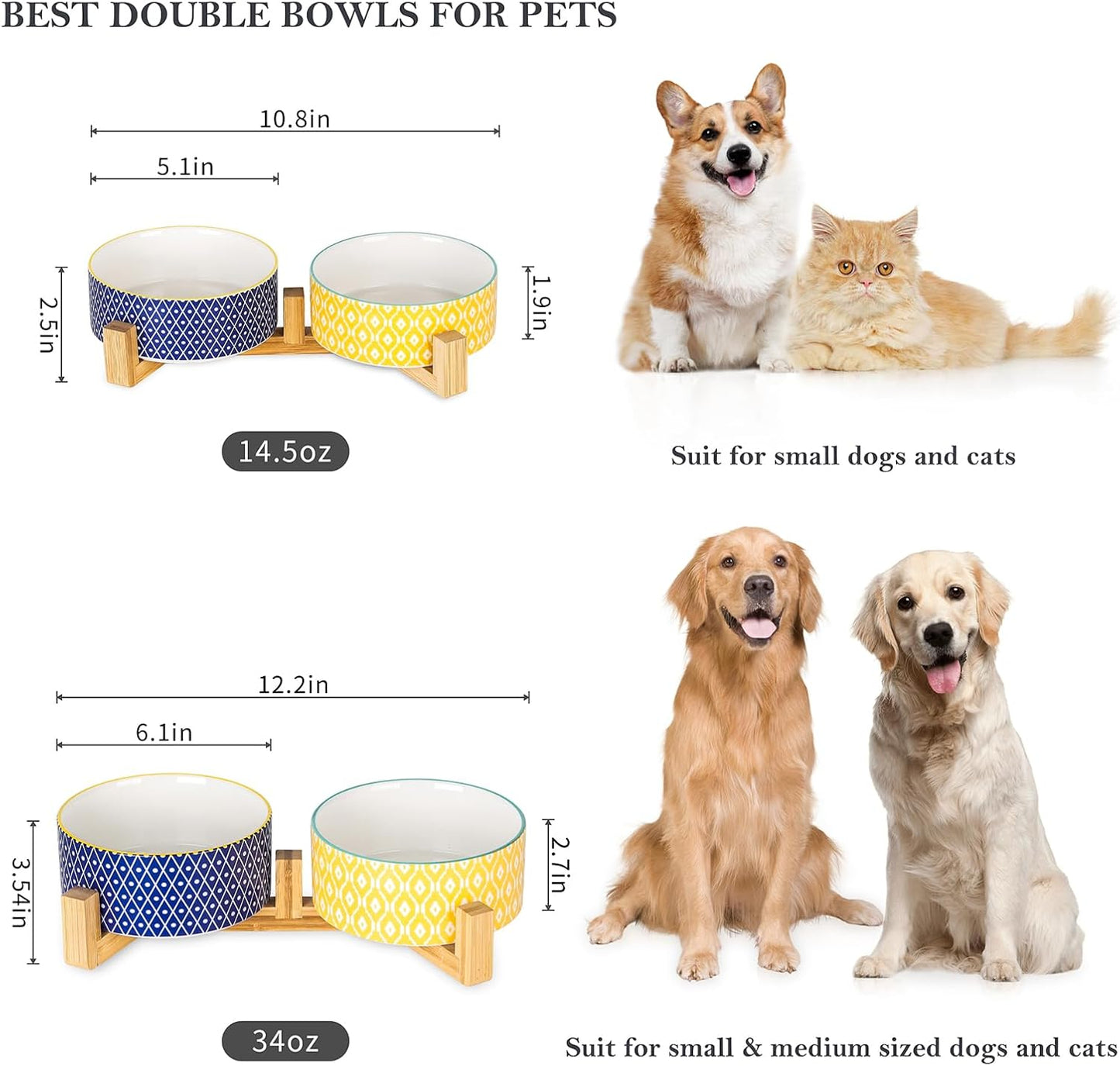 Selamica Ceramic 14 OZ Dog Bowls, Dog Food and Water Bowls with Wooden Stand, Anti-Slip Dog Dishes Set for Cats & Small Dogs, Weighted Pet Bowls Set of 2, Assorted Color A