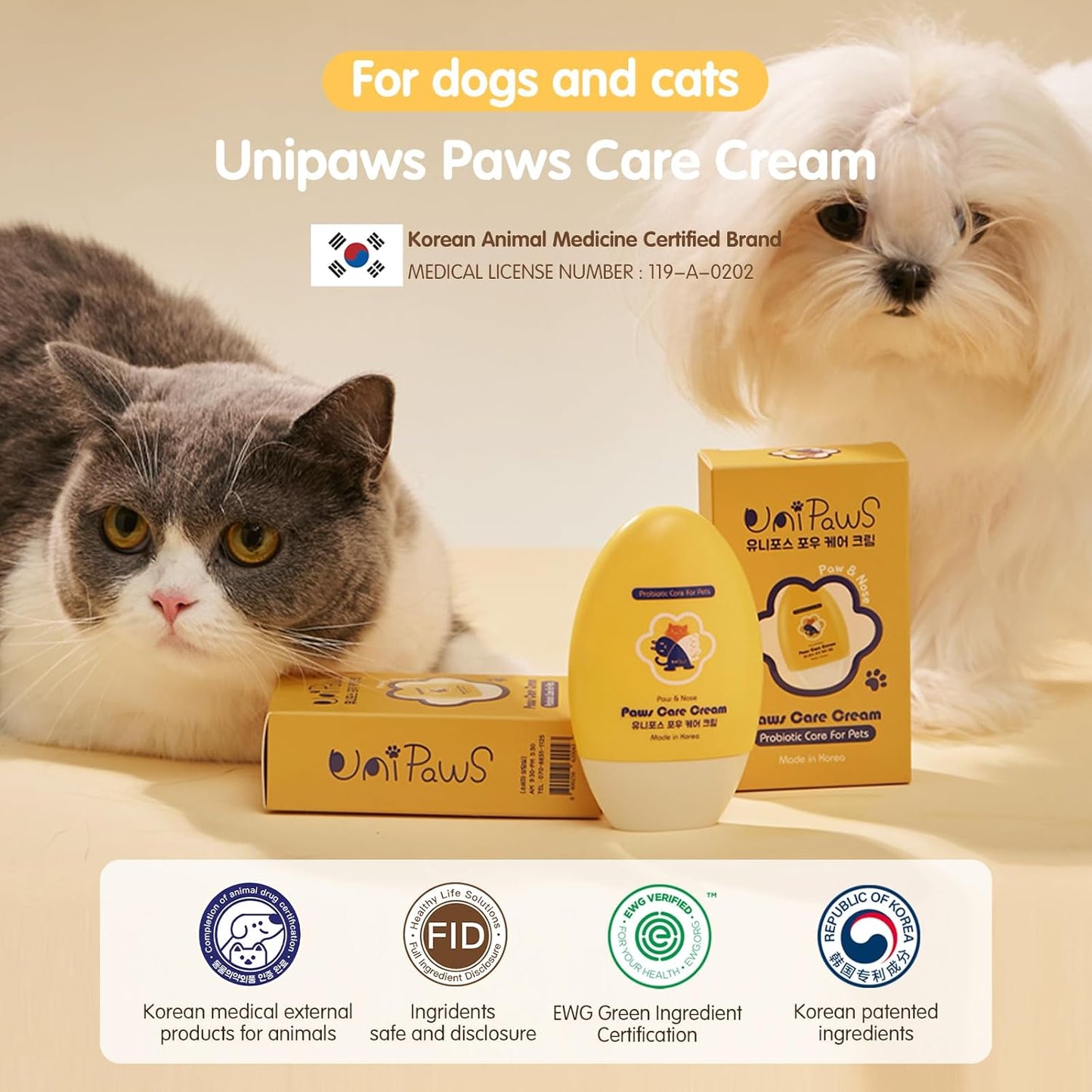 UNIPAWS Probiotic Moisturizing Cream for Dogs & Cats – Organic & Lick-Safe Relief for Dry, Cracked, Itchy Paws, Noses, Elbows & Ears – Skin-Care, Non-Greasy Formula, Made in Korea, 2.1 oz / 60g