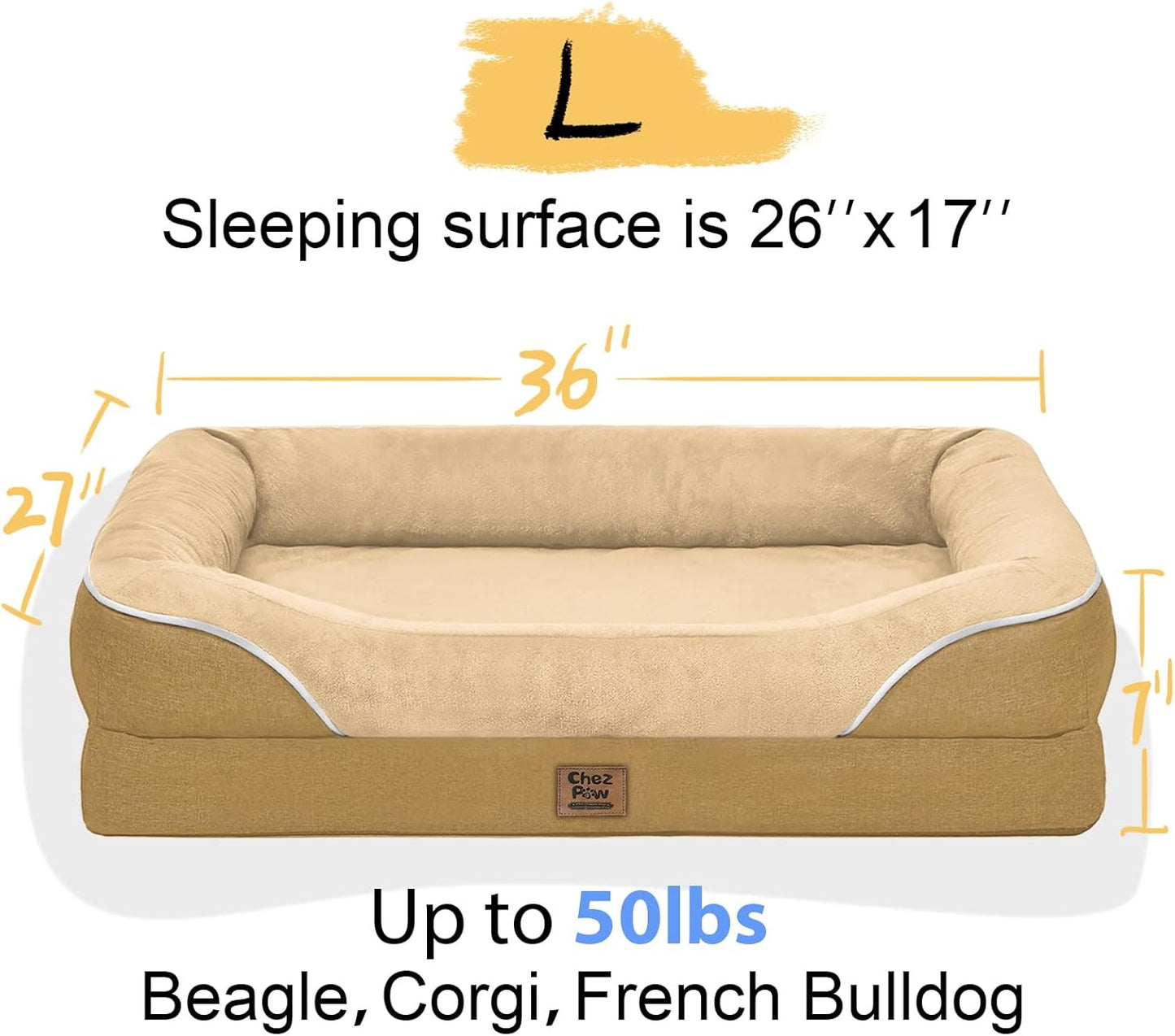 Washable Orthopedic Large Dog Bed - Big Dog Beds with Removable Waterproof Cover and Non-Slip Bottom XL Large Pet Bed with Bolster Extra Large Dogs Bed