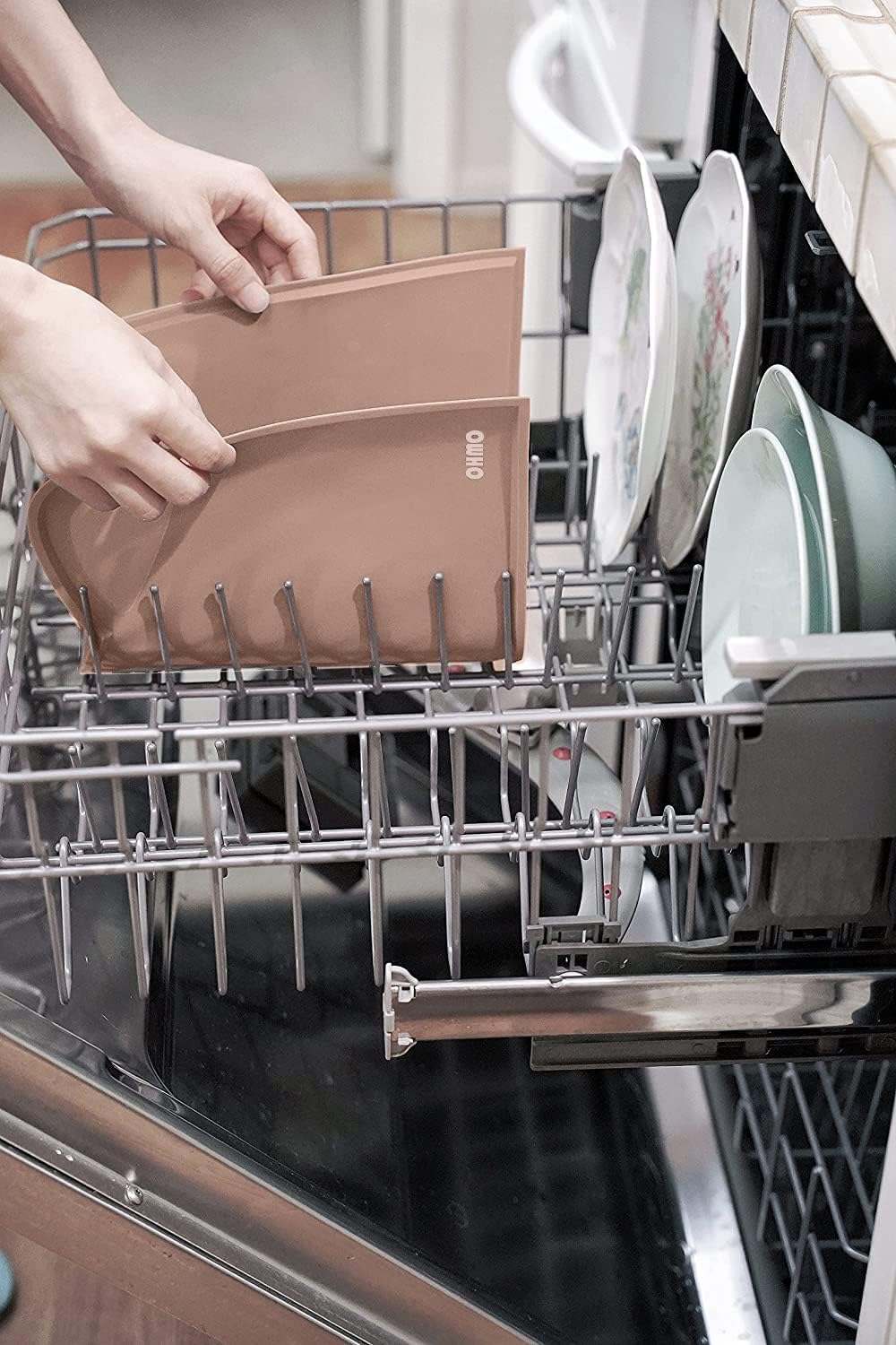 OHMO - Cat Food Mat, Silicone Pet Feeding Mat for Floor Non-Skid Waterproof Dog Water Bowl Tray, Easy to Clean Pet Placemat (Beige, 18 * 9.8'')