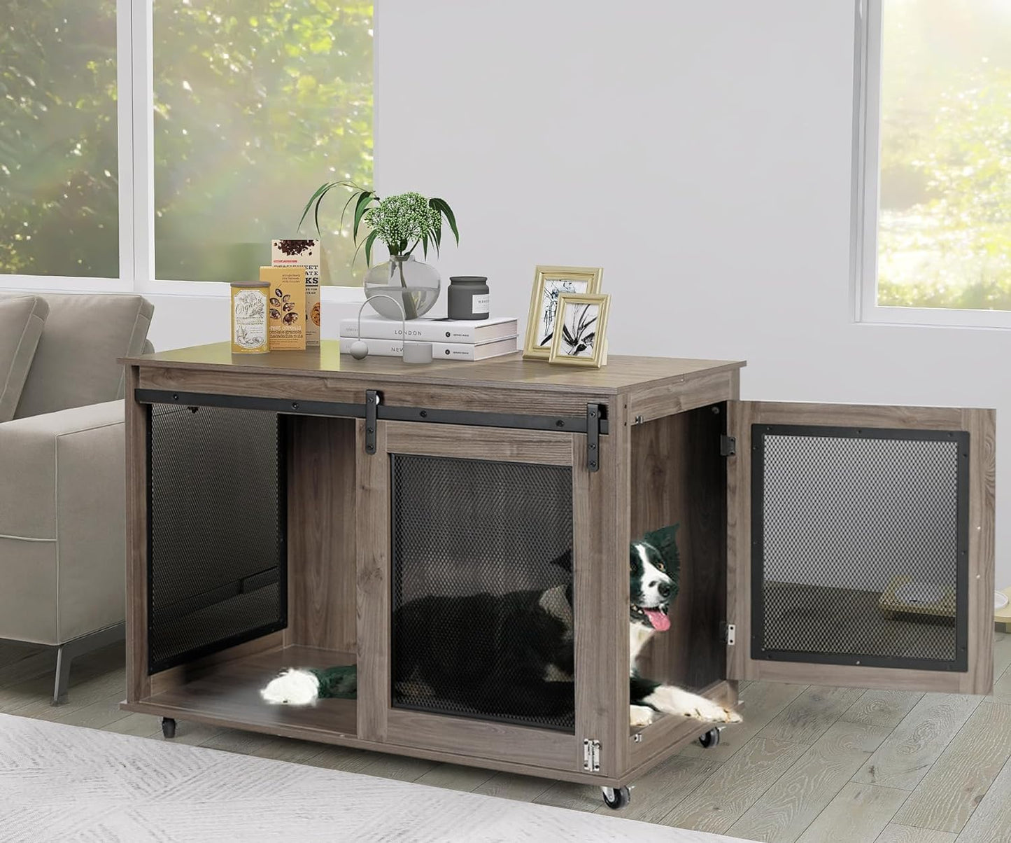 LINLUX 40 Inch Dog Crate Furniture, Wooden Heavy Duty Dog Kennel Indoor, Decorative Dog Cage Table for Large Medium Dogs, with Sliding Doors, Wheels and Flip-top Plate