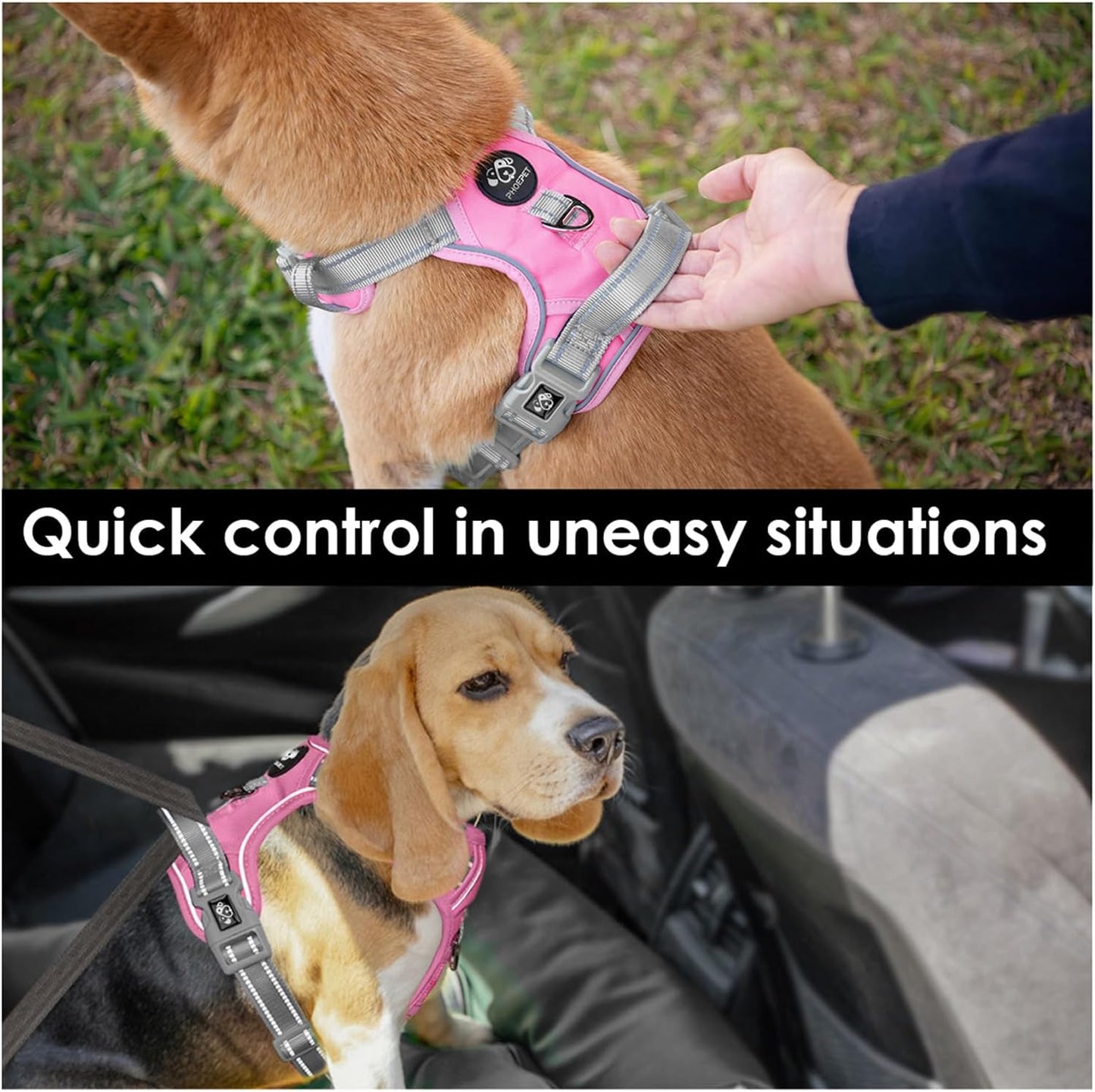 PHOEPET No Pull Dog Harness, Unique Colors Reflective Adjustable Dog Vest, with Soft Training Handle Metal Clips for Small Medium Large Dogs (Baby Pink Base & Grey Straps,S)