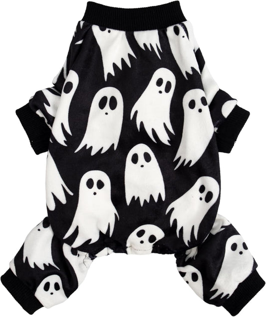 Fitwarm Halloween Ghost Dog Pajamas, Funny Halloween Costumes for Dogs, Fleece Dog Onesie with Feet, Doggy Clothes for Small Dogs Boy Girl, Pet Apparel, Black, White, Small