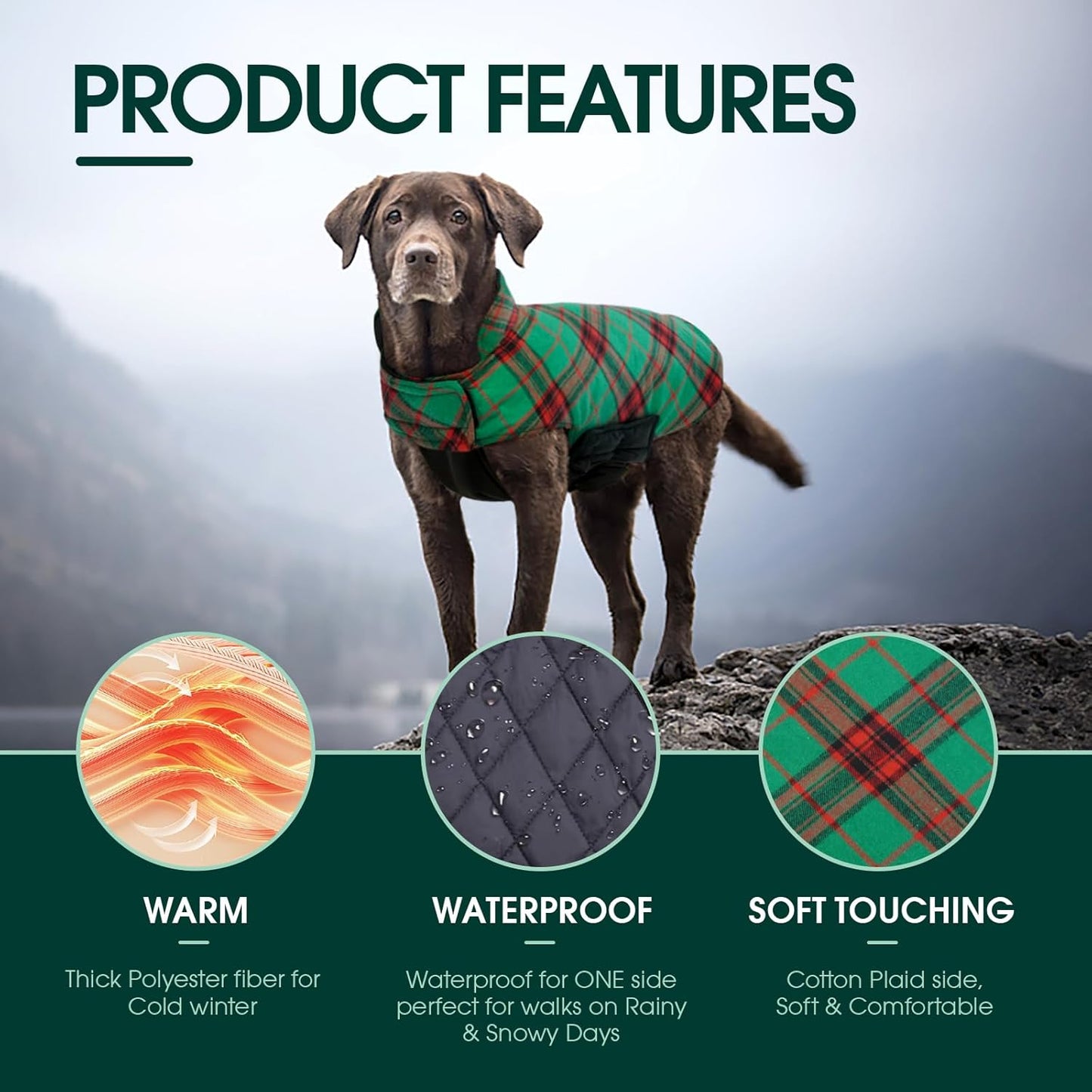Kuoser Waterproof Dog Coat, Reversible Dog Jacket for Medium Dogs, Adjustable Durable Doggie Winter Coat Warm Puppy Cold Weather Apparel from Small to Large Breed, Christmas Green M