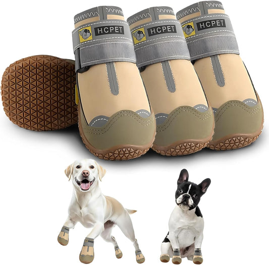 Hcpet Dog Shoes for Large Dogs, Waterproof Dog Booties for Small Medium Dogs, Anti-Slip Dog Boots & Paw Protectors for Hot Pavement Winter Snow Hiking with Reflective Straps Khaki Size 8