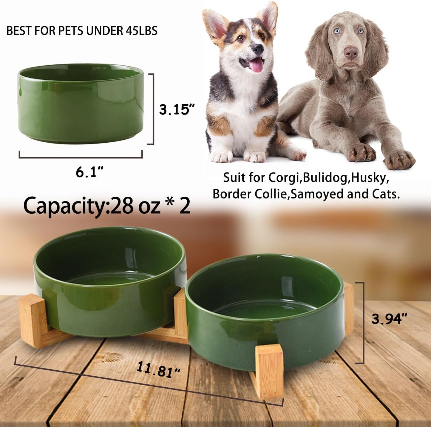 Petygooing Ceramic Dog Cat Bowl Set with Stand, Pet Food and Water Dishes,Medium Pet Bowl Anti -Slip Set of 2 Cat Dish-Pet Food Bowls Small Medium Size Dog (28OZ/6.1 in) Rust Green