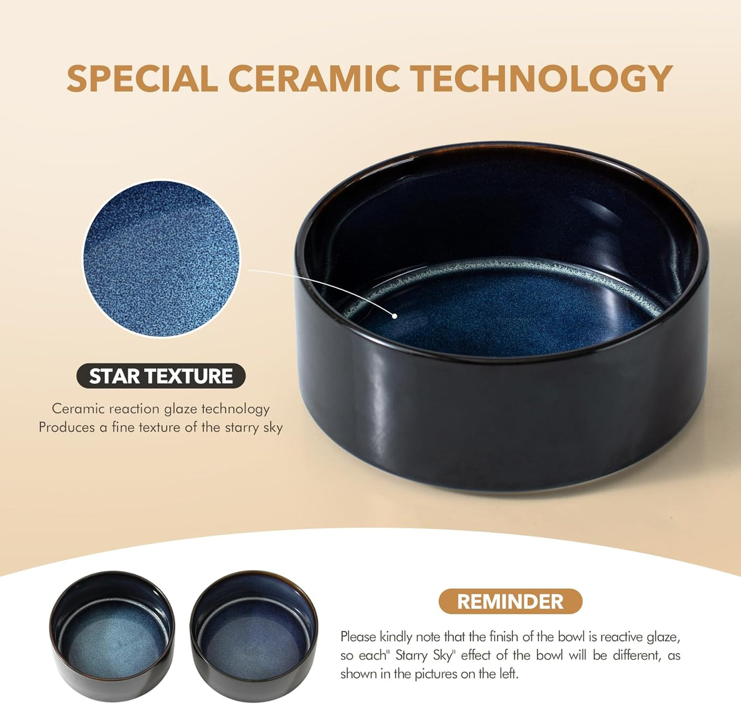 Ceramic 6.1inch Raised Dog and Cat Bowl Set, 2 Heights Elevated Wooden Stand for Small Breed Dogs, Weighted Pet Food and Water Dishes(6.1'',28.7oz, Starry Sky)