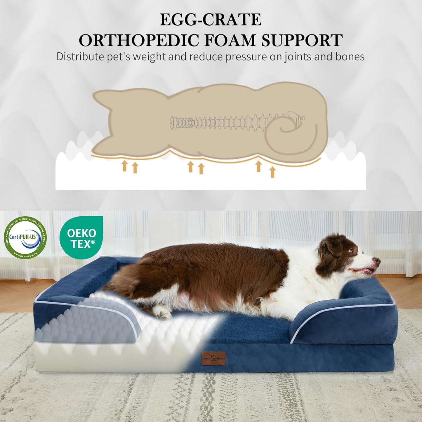 Comfort Expression XXL Orthopedic Dog Beds, Waterproof Orthopedic Foam Extra Large Dogs Beds, Washable Dog Sofa Beds with Removable Cover & Non-Slip Bottom(XX-Large,Navy Blue)