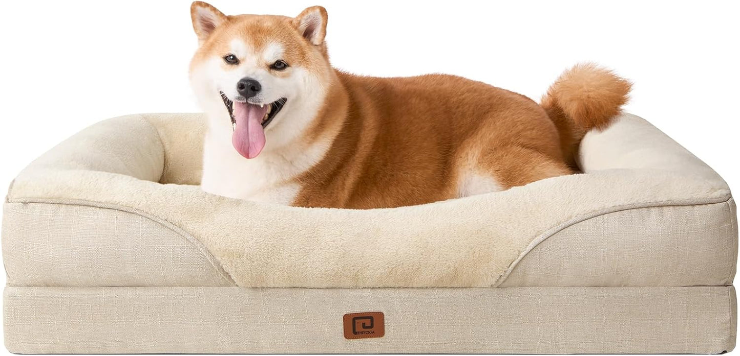 EHEYCIGA Memory Foam Dog Bed for Large Sized, Orthopedic Dog Sofa with Sides and Waterproof Liner, Washable Bolster Pet Bed Couch with Removable Cover, 36x27x7 Inch, Beige