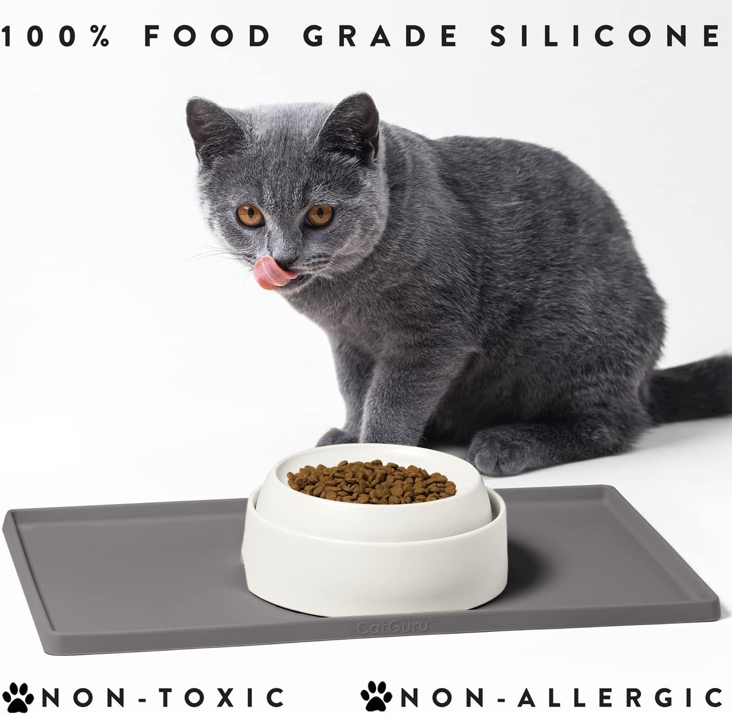 CatGuru Cat Food Mat, Small & Large Feeding Mats, 100% Waterproof Silicone Pet Placemat, Non-Slip Cat Food and Water Bowl or Water Fountain (Small, Carbon)