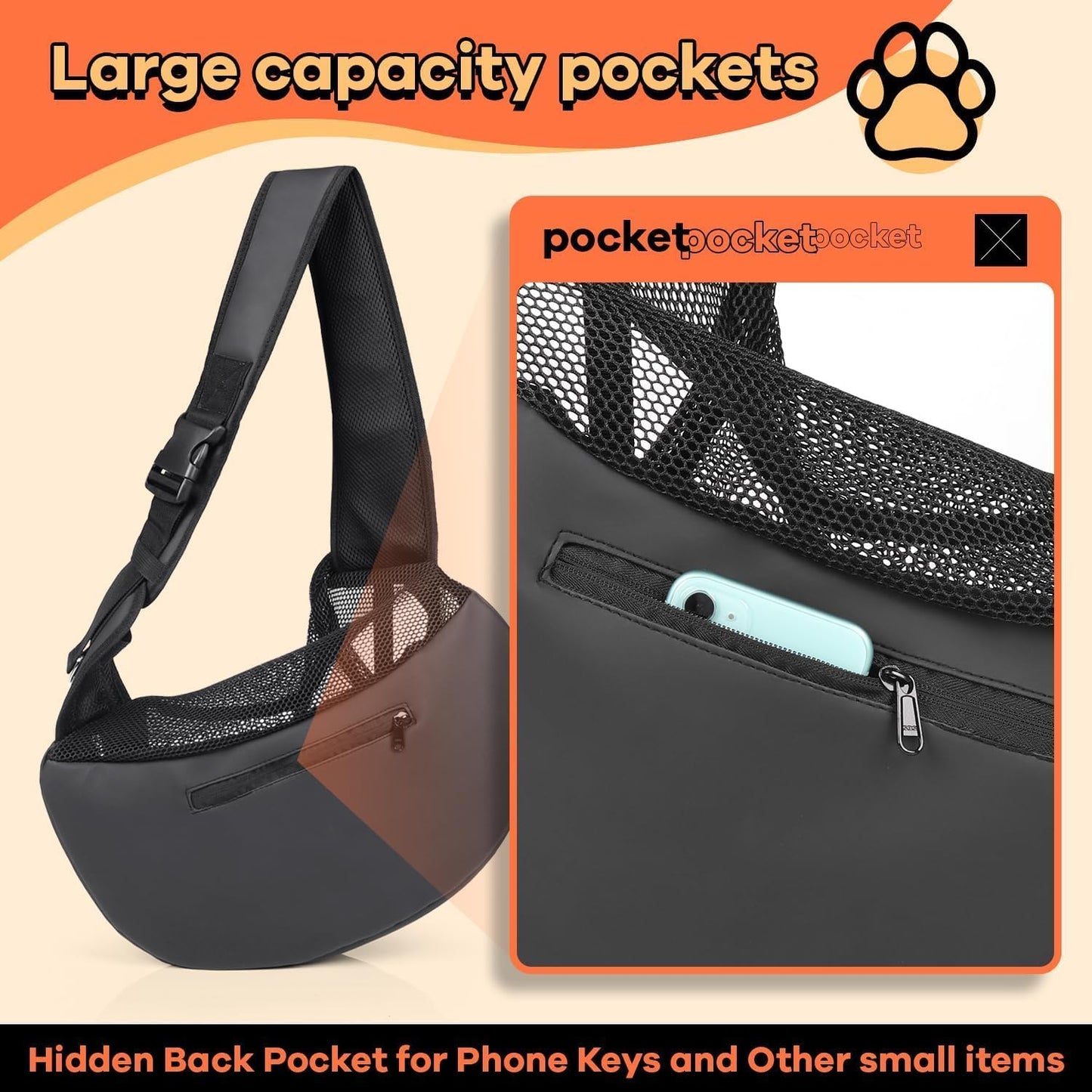 YUDODO Pet Sling Carrier for Small Dogs & Cats – Hands-Free Puppy Carrier with Safety Hook, Large Zipper Pocket, Soft Breathable Mesh, Adjustable Strap & Reflective Strip (Cyan 3.0 S)