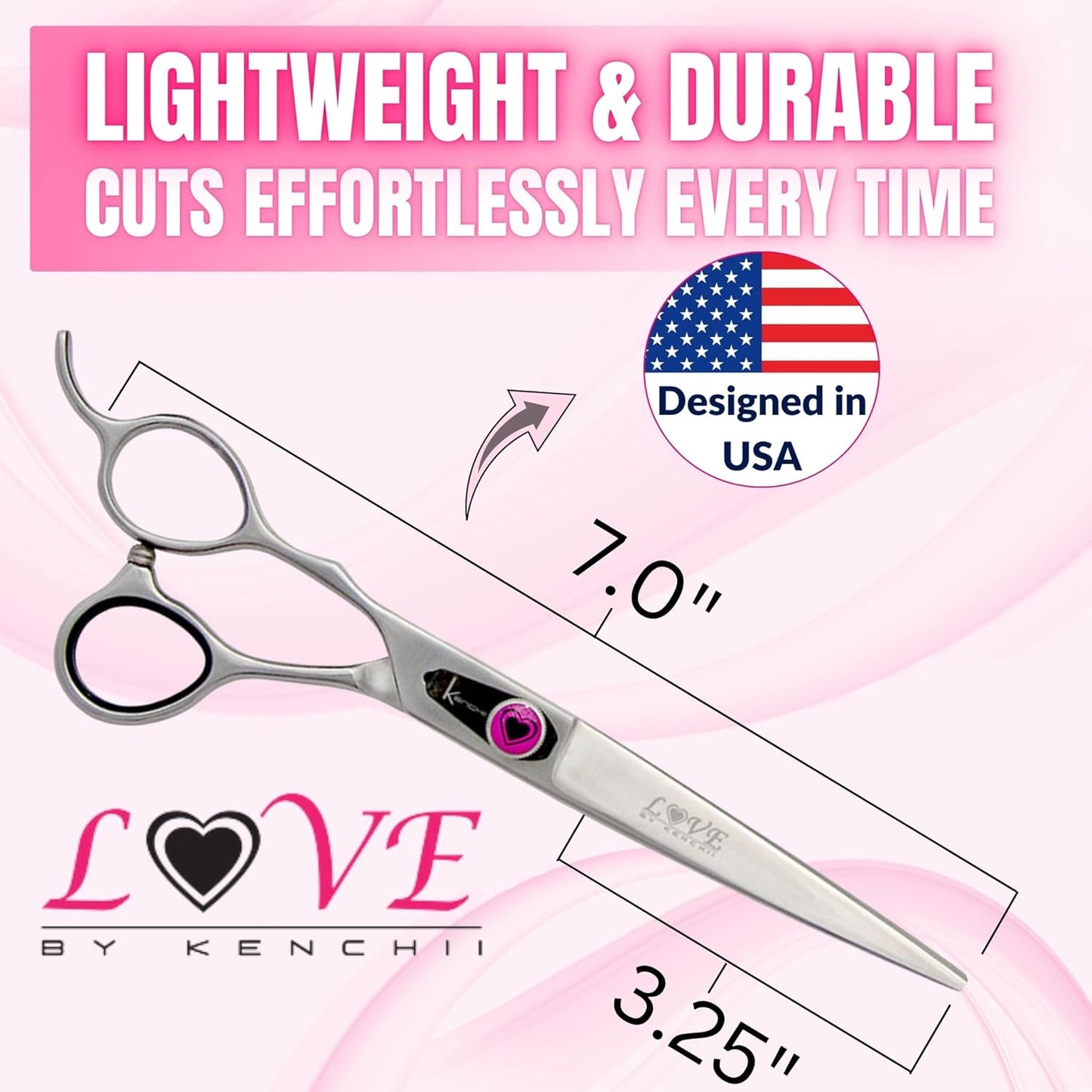 Kenchii Love Left Handed Dog Grooming Scissors, 7 Inch Straight Shears, Dog Scissors for Grooming, Professional Pet Grooming Scissors, Ergonomic & Comfortable