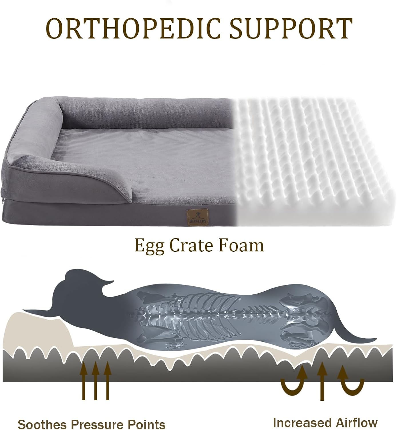 Bedfolks Orthopedic Dog Bed Extra Small, Waterproof Dog Sofa Bed for Small Dogs & Cats, Egg Foam Pet Couch Bed with Removable Washable Cover and Nonslip Bottom, Dark Grey
