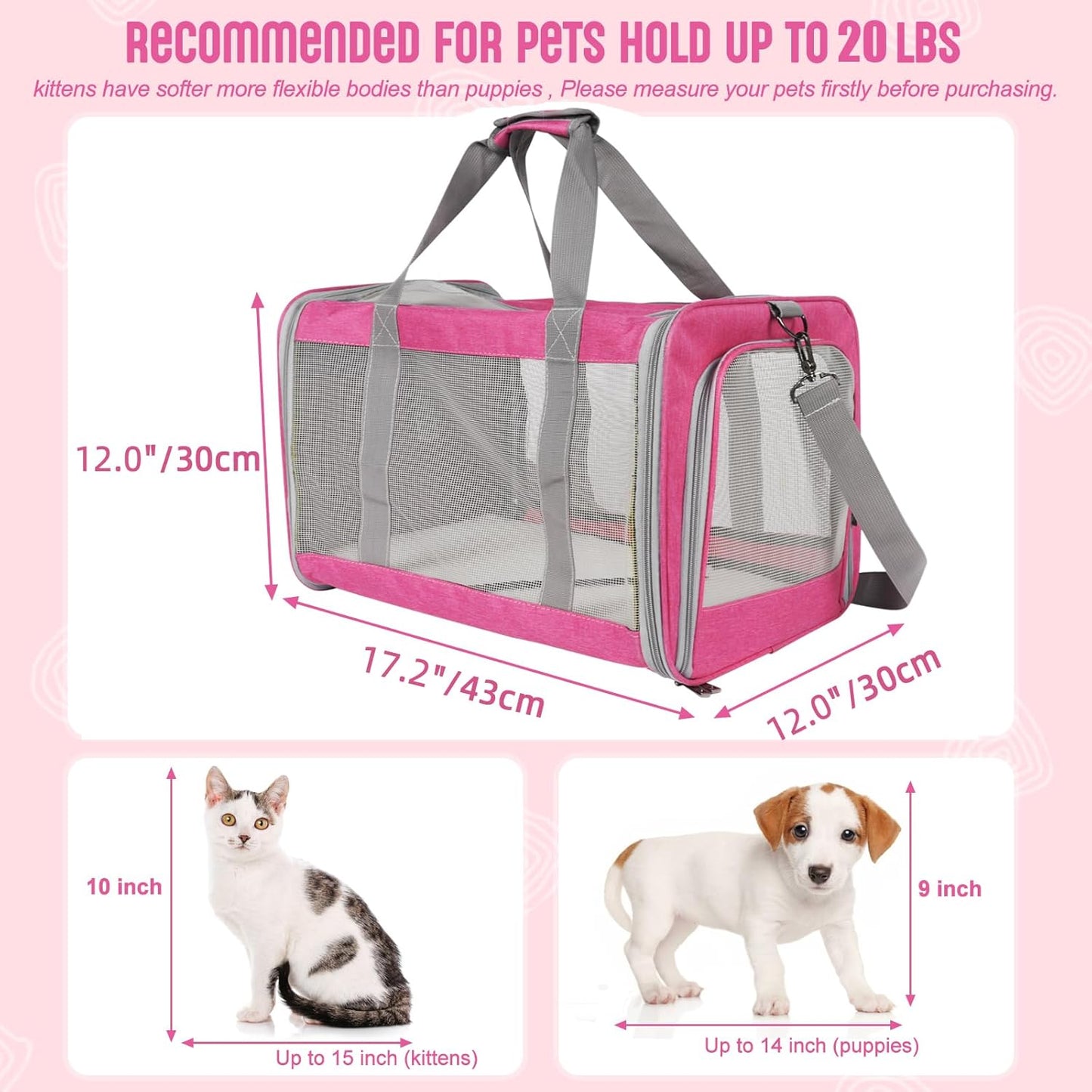 Pet Carrier for Large Cats of 20 Lbs, Collapsible Carrier Bag for Big Cat or 2 Kittens,Soft Sided Puppy Carrier with Sturdy Travel Transport Strap, Adequate Ventilation, 4 Mesh Windows (Pink)