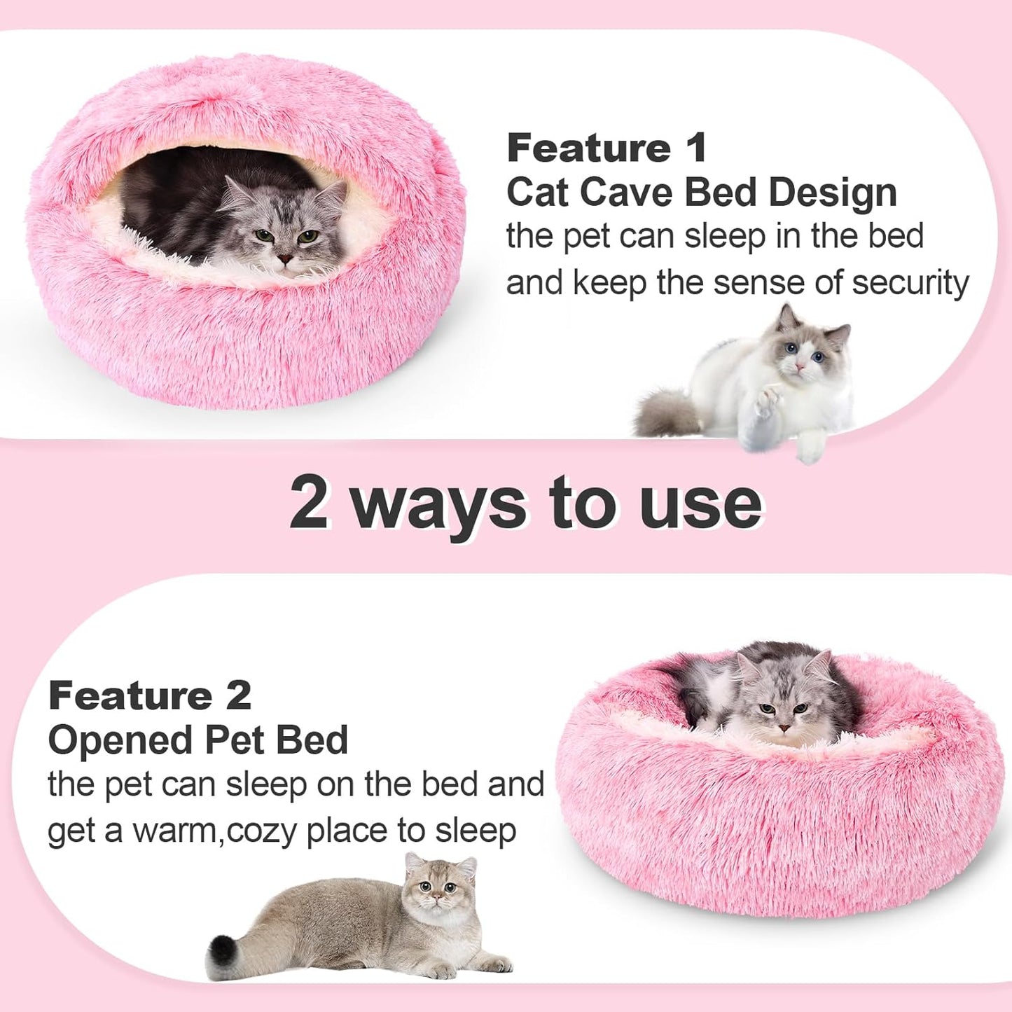 Calming Dog Beds with Hooded Cat Cave Cover - Removable, Washable Round Beds for Small to Medium Pets, Anti-Slip Faux Fur Fluffy Cover for Improved Sleep - Fits up to 15/25 lbs (Pink, M)