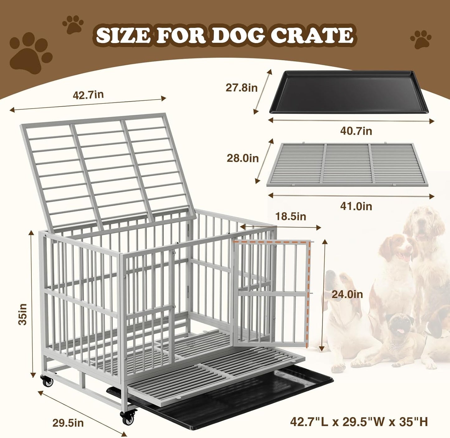 Dog Crate with Removable Tray, 37/42/46 Inch Indestructible and Escape Proof Steel Dog Cage Kennel for High Anxiety Dogs, Heavy Duty Dog Crate with Wheels, Double Door, Extra Large XL XXL