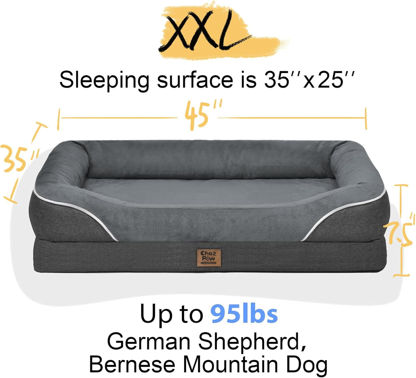 Washable Orthopedic Large Dog Bed - Dog Beds Large Sized Dogs with Removable Cover Waterproof Pet Bed with Bolster for Extra Large Pet