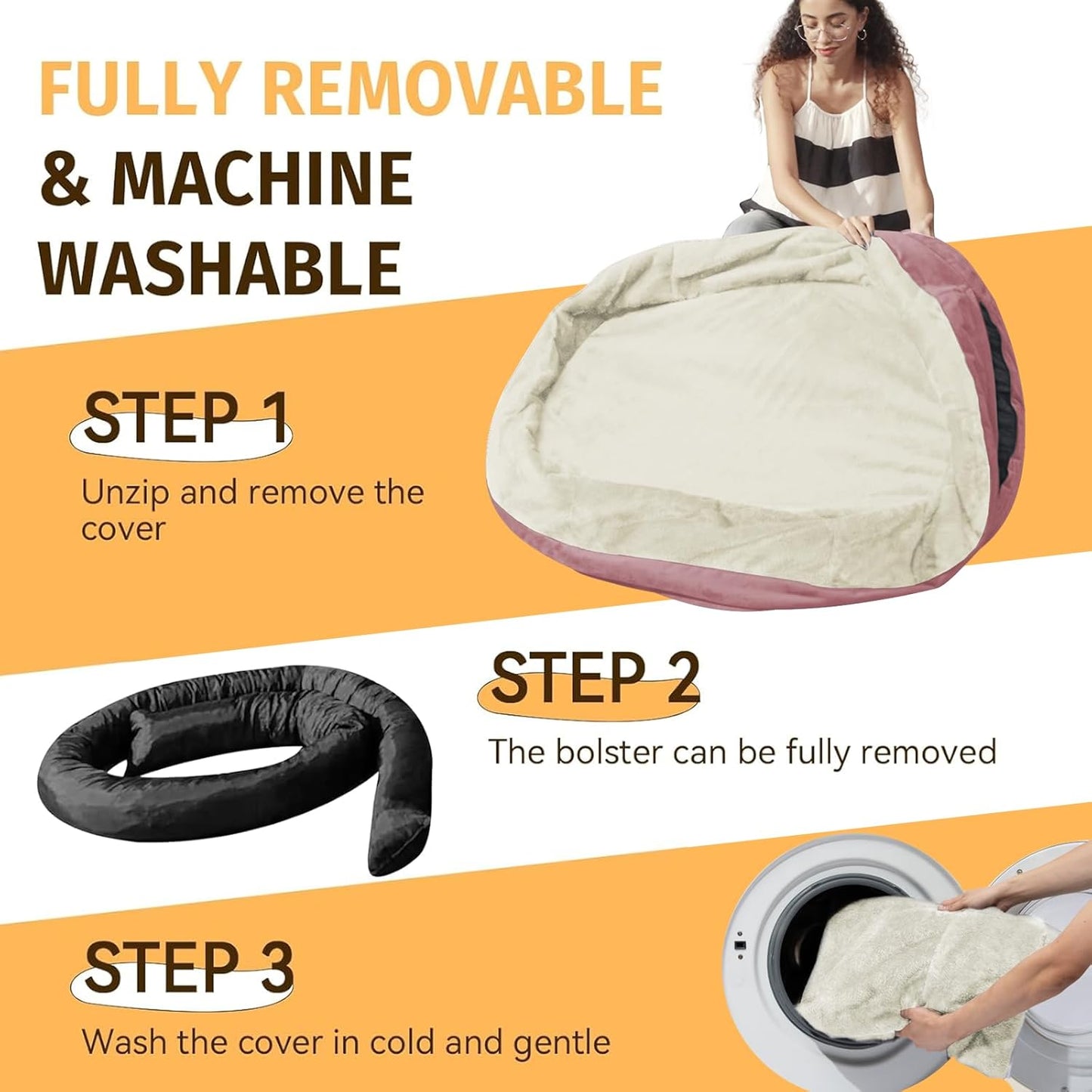 Orthopedic Waterproof Large Dog Bed: Memory FoamWashable Dog Bed with Bolsters - Removable Orthopedic Cover for Medium L XL Large Sized Pet - Non-Slip Bottom - Pink