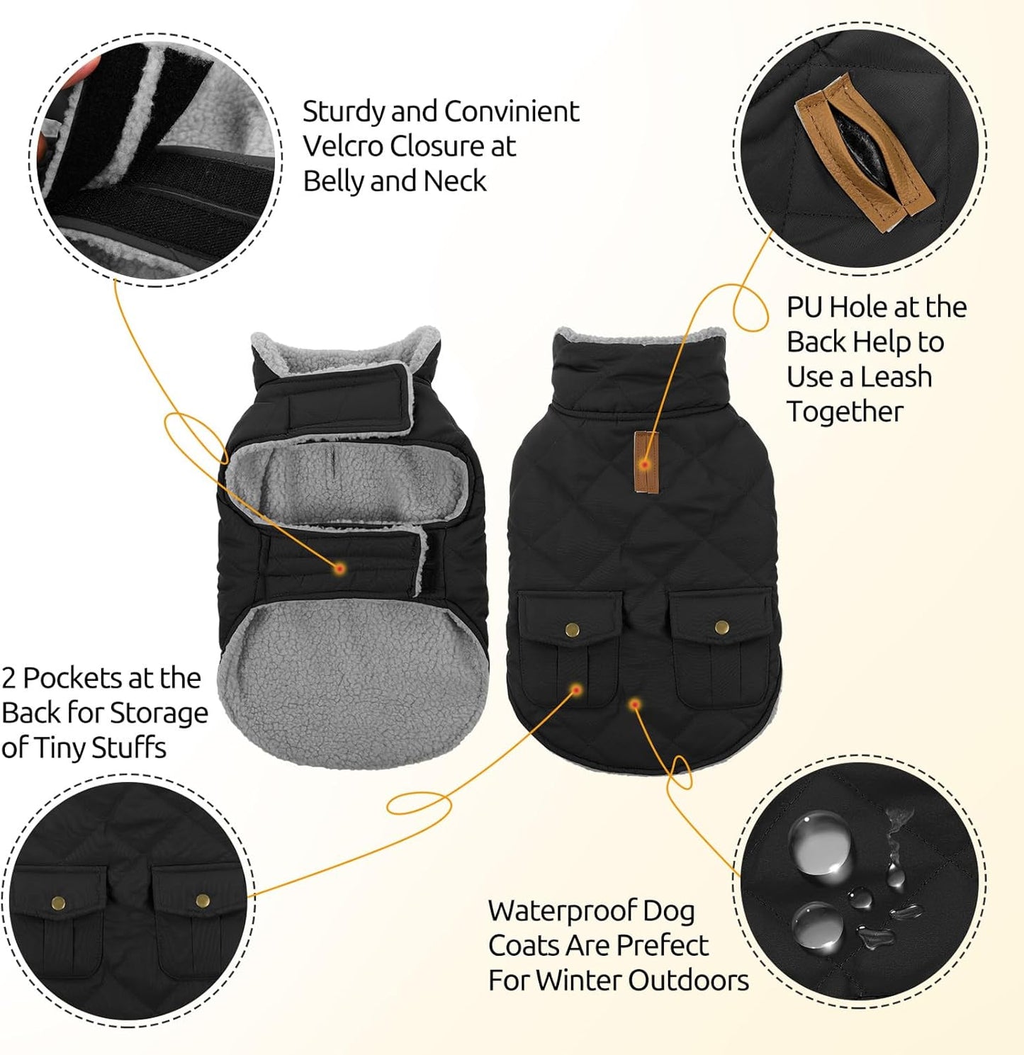 Queenmore Dog Winter Coat Warm Puffer Jacket Waterproof Plush Lining Thermal Cold Weather Vest for Small Medium Large Dogs, Windproof Easy On Pet Jacket Black S