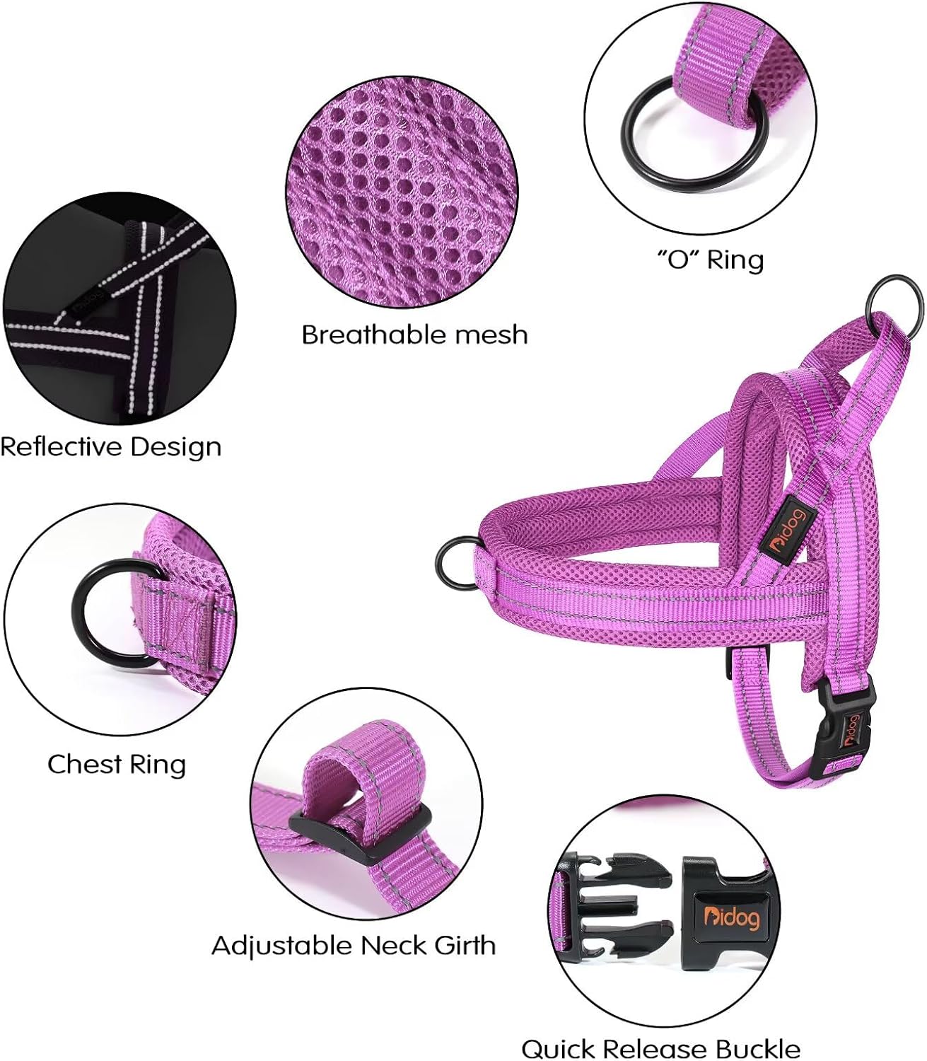 Didog No Pull Dog Harness with Soft Mesh Padded,Reflective & Quick Fit Light Weight Dog Strap Vest Harness,Easy for Walking Training (M:Chest 21-26", Purple)