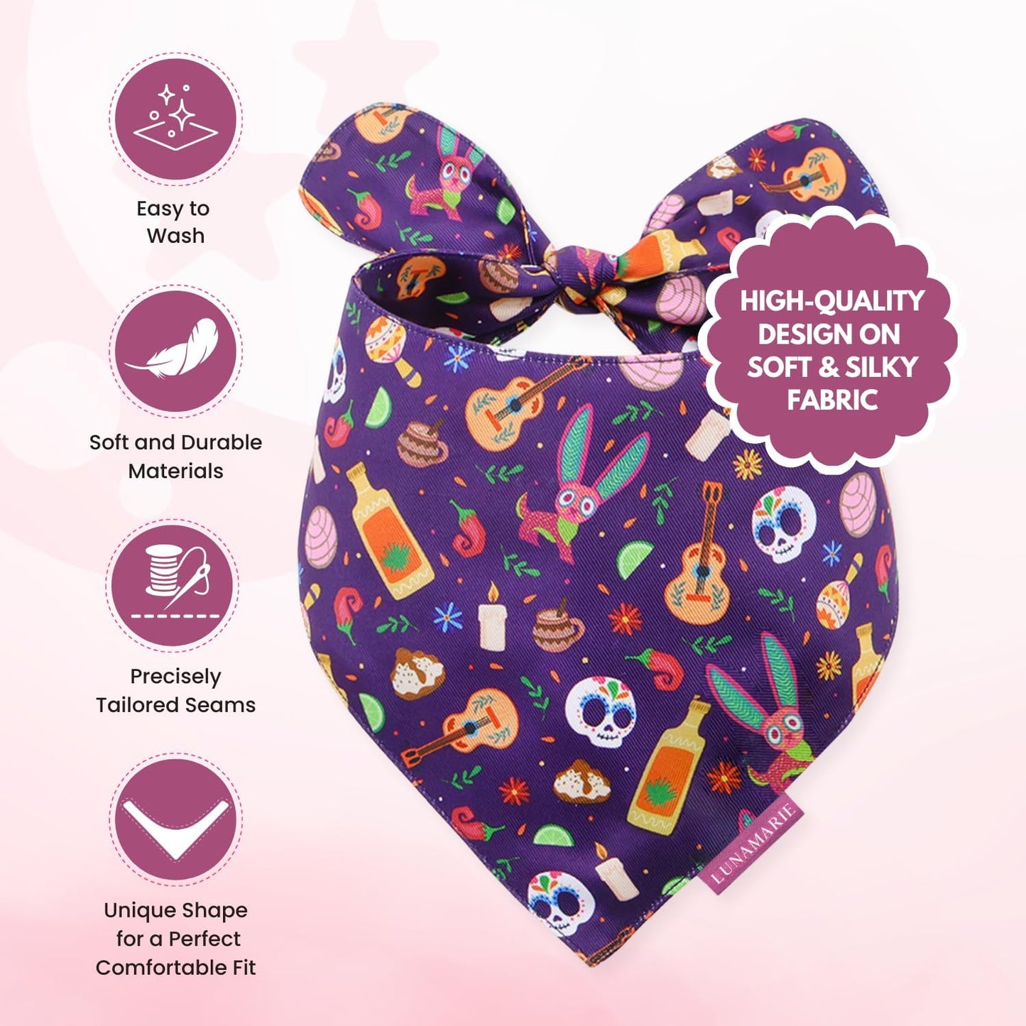 LunaMarie - Luxury Pet Birthday Bandanas -Premium & Silky Poly Fabric | 100% Handmade | Custom Shape Dual Layered (Day of The Dead, Large)