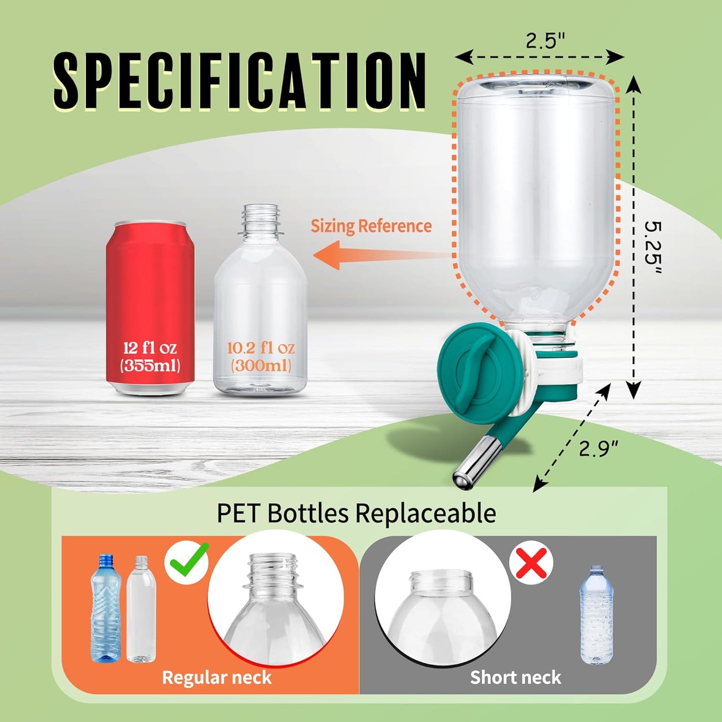 Choco Nose Patented Mini No-Drip Water Bottle/Feeder for Hamsters/Hedgehogs/Gliders/Rats/Mice/Other Small Pets and Animals - for Cages, Crates or Wall Mount. 10.2oz. Nozzle 10mm, Green (C125)