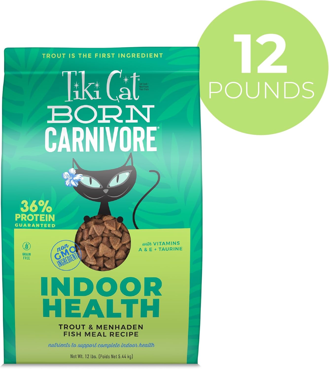 Tiki Cat Born Carnivore Indoor Health Dry Cat Food, Trout & Menhaden Fish Meal, 12 lbs. Bag