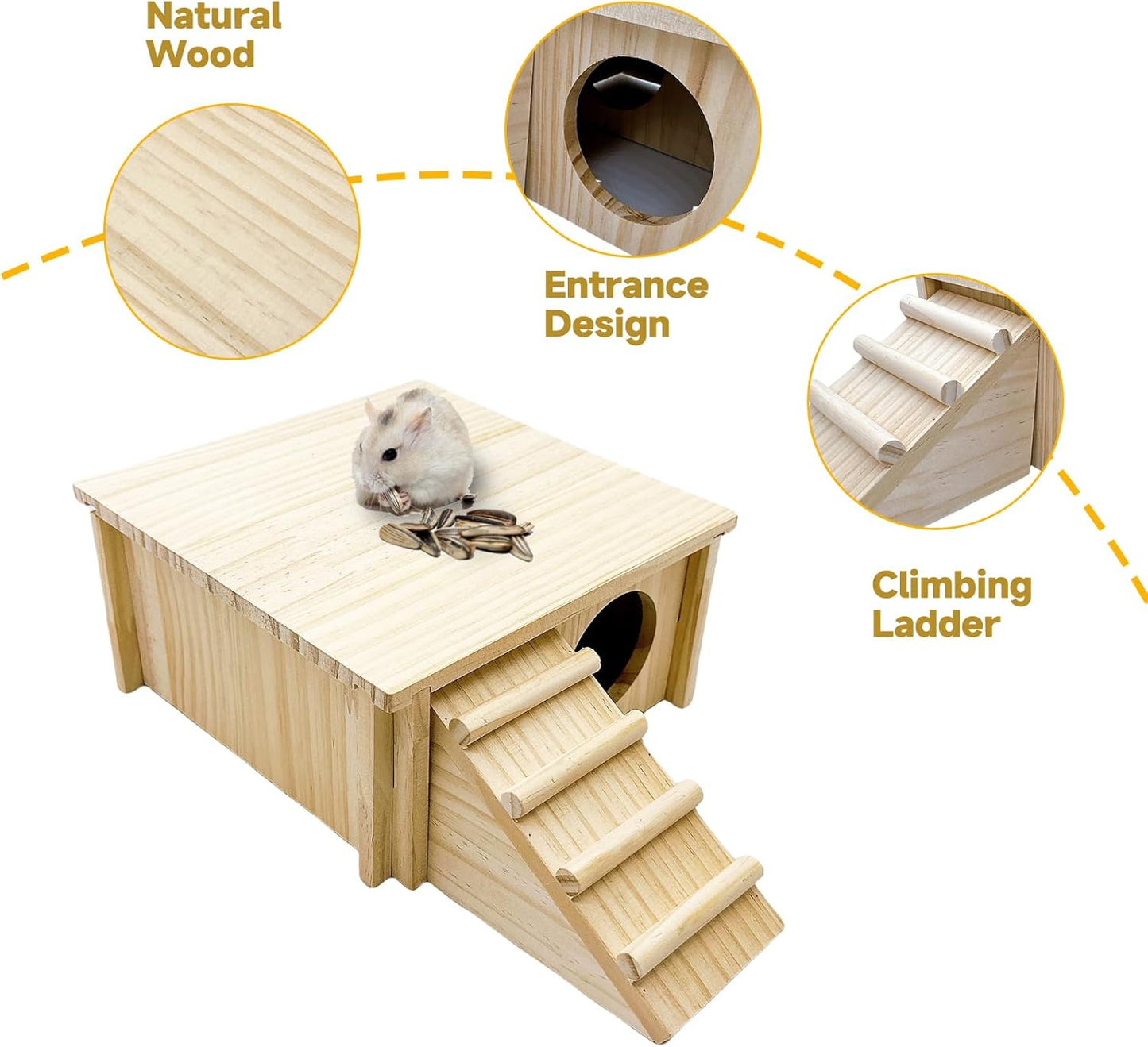 Wooden Hamster Hideout Gerbil House with Climbing Ladder and Window Habitats Decor Detachable Syrian Hamster Cage Accessories for Rat Gerbils and Other Small Pets