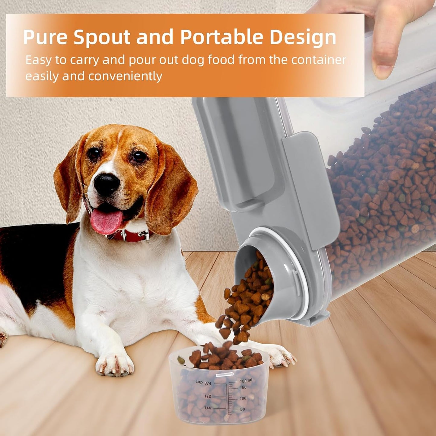 Dog Food Storage Container, Upgraded Large Nozzle BPA-free, 8-12 LBS Plastic Pet Food Storage Containers, With 4 Sealed Clasps, 1 Measuring Cup and Handle (1, Elegant Gray, 5L)