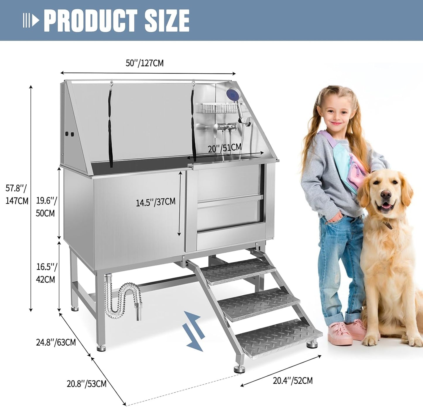 50" Pet Dog Bathing Station W/Ramp, Professional Stainless Steel Dog Grooming Tub W/Storage Drawer, Floor Grate, Faucet, Dog Bathtub for Large,Medium, Small Pets, Washing Sink for Home