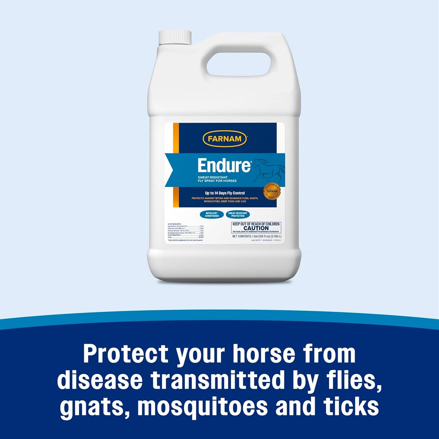 Farnam Endure Sweat-Resistant Fly Spray for Horses, Lasts Up to 14 Days, Protects Against Flies, Gnats, Mosquitoes, Ticks & Lice, 128 oz.